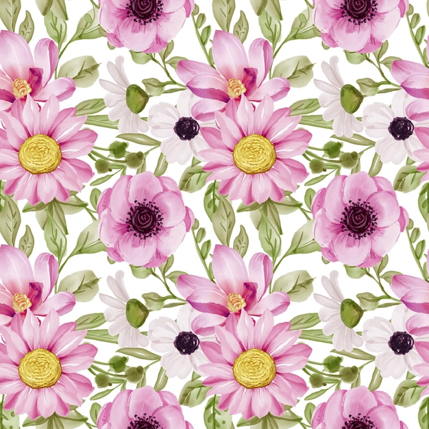 Seamless pattern with spring flowers pink and leaves