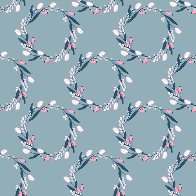 Seamless pattern with Spring plant wreath. Simple geometric botanical ornament.