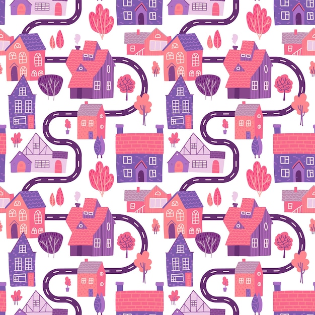 Seamless pattern with spring village with road, houses and trees.