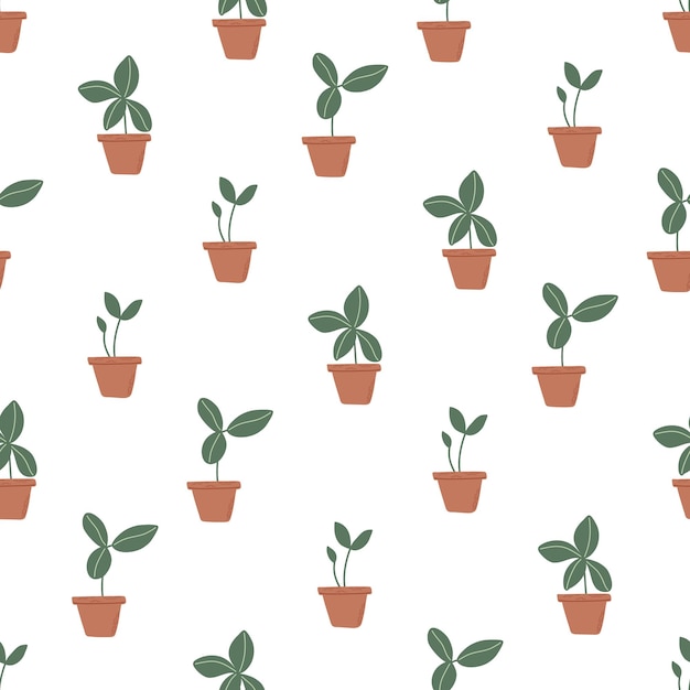 Seamless pattern with sprouts in pots Home gardening and plant care concept Hand drawn