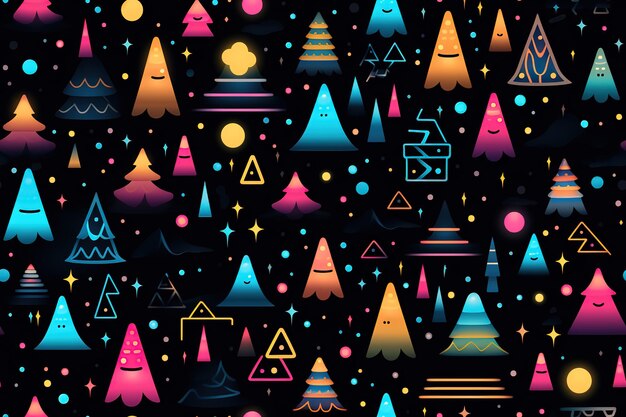 Vector seamless pattern with spruces and christmas trees moon stars and fox stylized and graphic