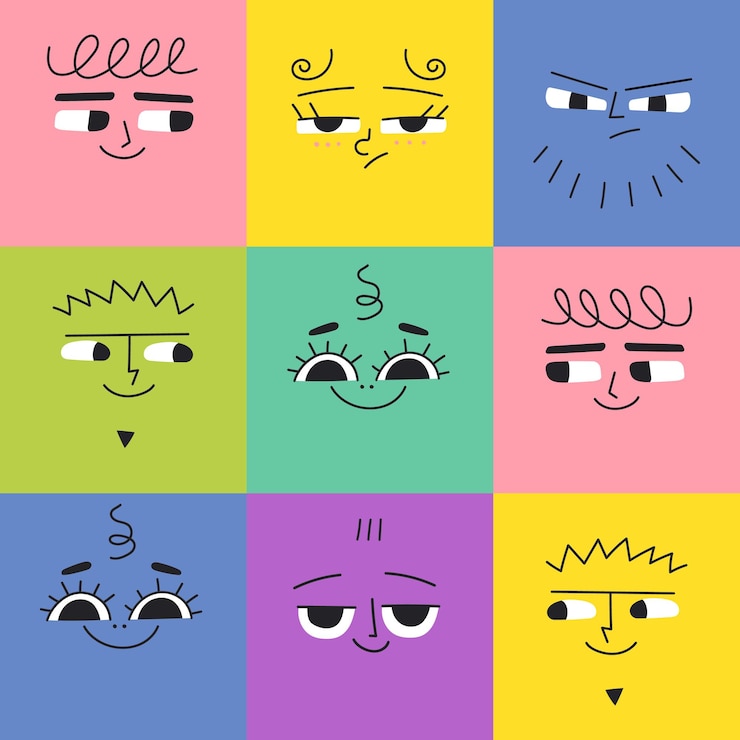 Vector seamless pattern with square funny characters with differents face emotions colourfu modern avatars