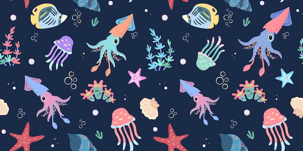 Vector seamless pattern with squids, jellyfish, shells, corals and fishes. oceanic underwater background.