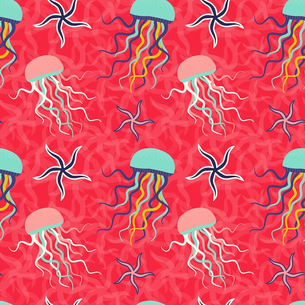 Seamless Pattern with Starfishes and Jellyfishes