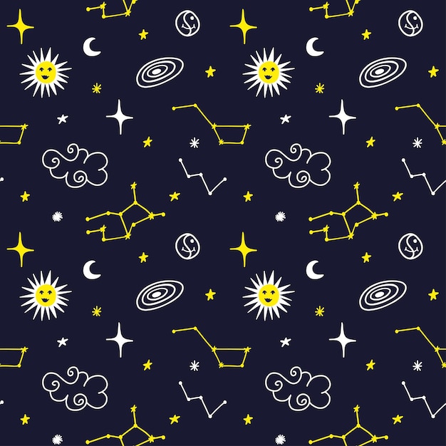 Seamless pattern with a starry sky clouds constellations and stars