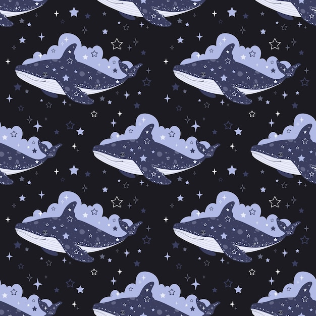 Вектор Бесперебойный рисунок со звездами, облаками и небесным голубым китом сон с китом векторная иллюстрация для детей рисунки текстиля ткани