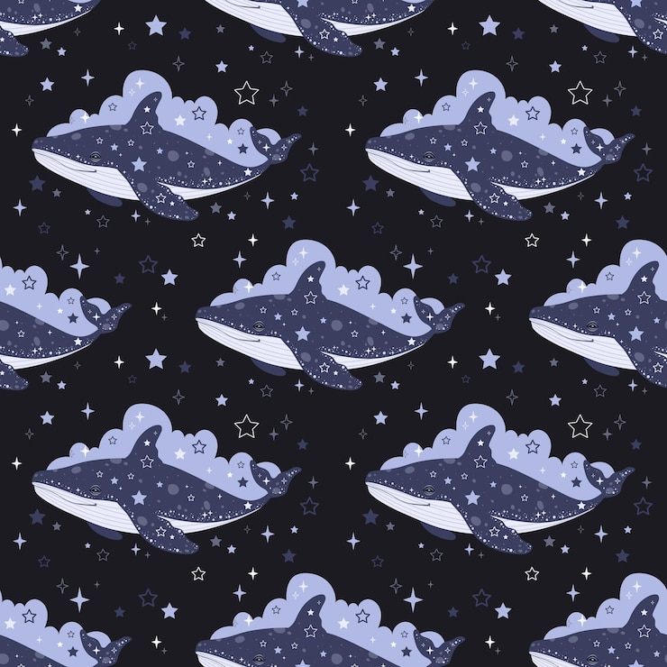Vector seamless pattern with stars clouds and celestial blue whale dream with whale vector illustration for children patterns textiles fabrics