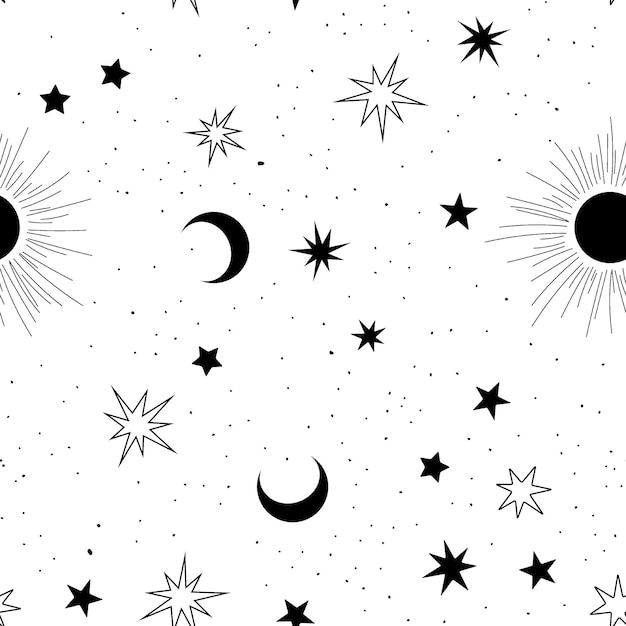 Seamless pattern with stars moon and sun isolated on white background