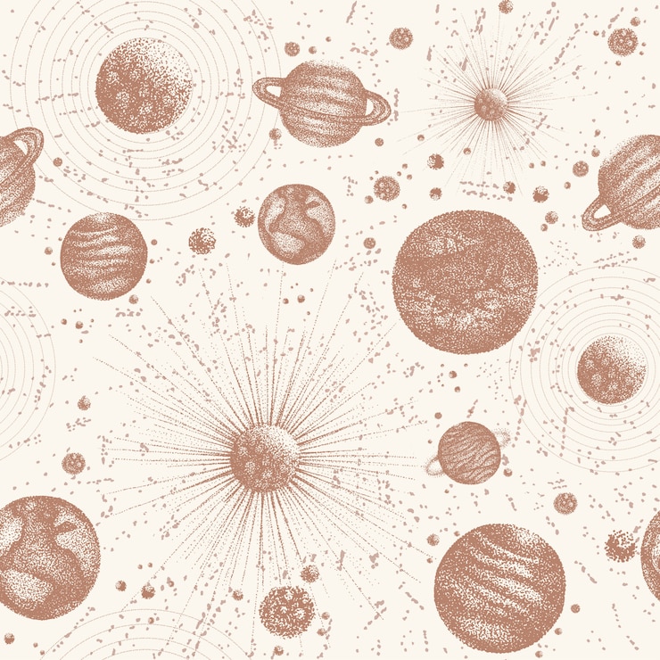 Vector seamless pattern with stars surrounded by celestial bodies in outer space. planets rotating around sun. monochrome   illustration in antique style