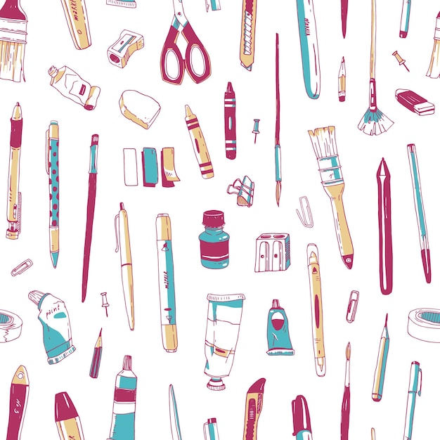 Seamless pattern with stationery, drawing utensils, creativity tools or office supplies drawn on white background. Realistic vector illustration in vintage style for wallpaper, fabric print, backdrop.