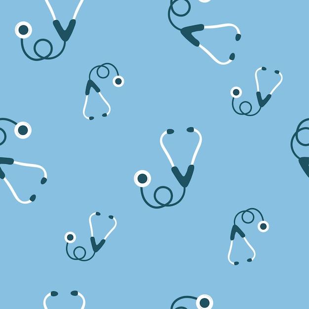 Vector seamless pattern with a stethoscope on a blue background flat vector illustration