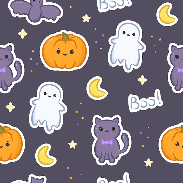 Seamless pattern with stickers pumpkin ghosts bat cat moon and lettering boo Sute kawaii halloween print for design background wrapping paper and web design Vector illustration