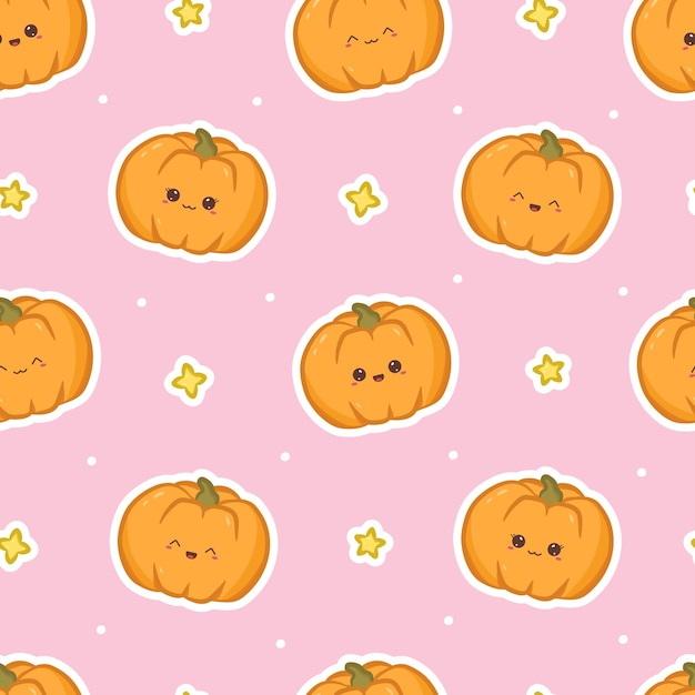 Seamless pattern with stickers pumpkin and stars Cute kawaii print for design phone case background wrapping paper textile and web design Vector illustration