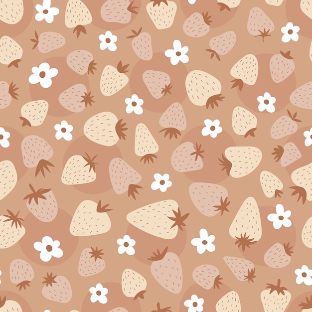 Seamless pattern with strawberries and flowers. Cute simple print for kids. Boho cute background