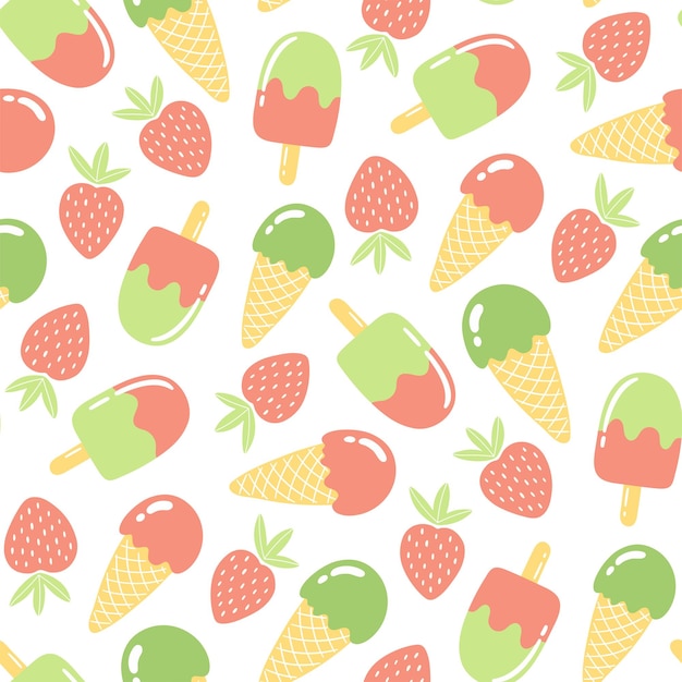 Seamless pattern with strawberries and ice cream Handdrawn summer background in bright colors