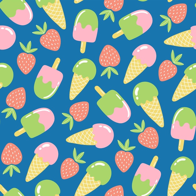 Seamless pattern with strawberries and ice cream summer background in bright colors handdrawn trendy