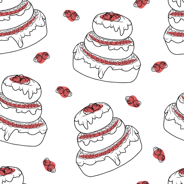 Seamless pattern with strawberry dessert doodle hand drawn strawberry cake with cream and berries