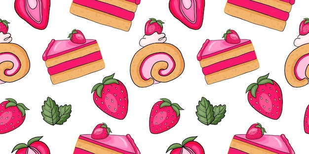 Seamless pattern with strawberry sweets