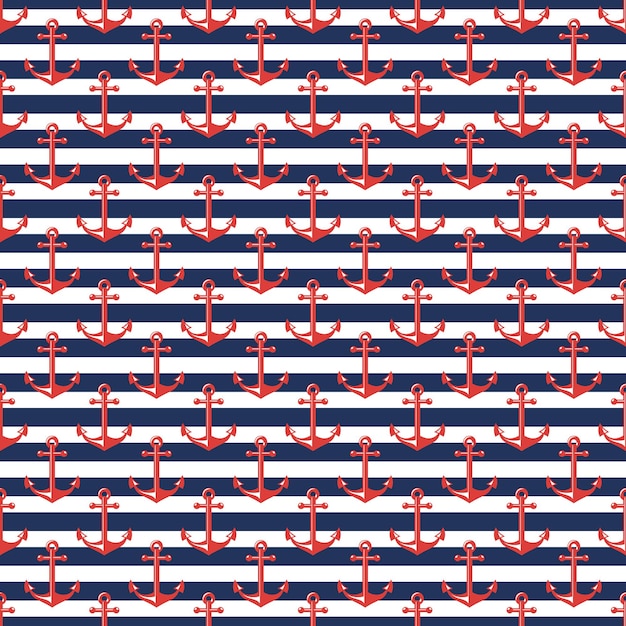 Seamless pattern with stripes and anchors. Nautical and sea travel themes. 