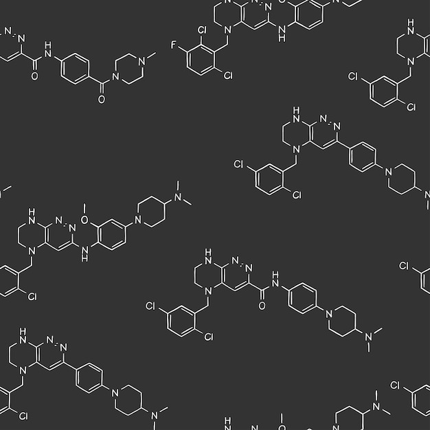 Vector seamless pattern with a structural formula of substances on a dark background