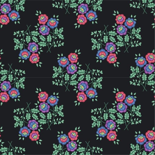 Seamless pattern with stylized ukrainian folk floral elements on dark background