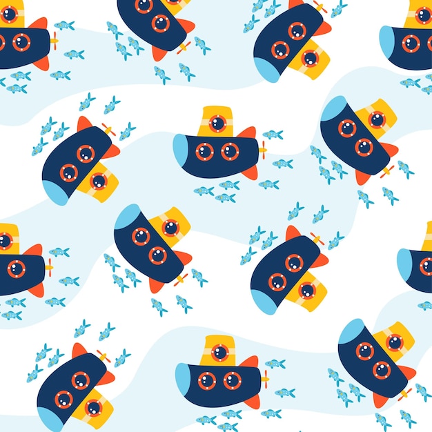 Seamless pattern with submarine and fish perfect for wrapping paper