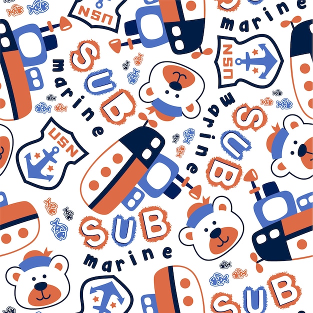 Seamless pattern with submarine and sailor head