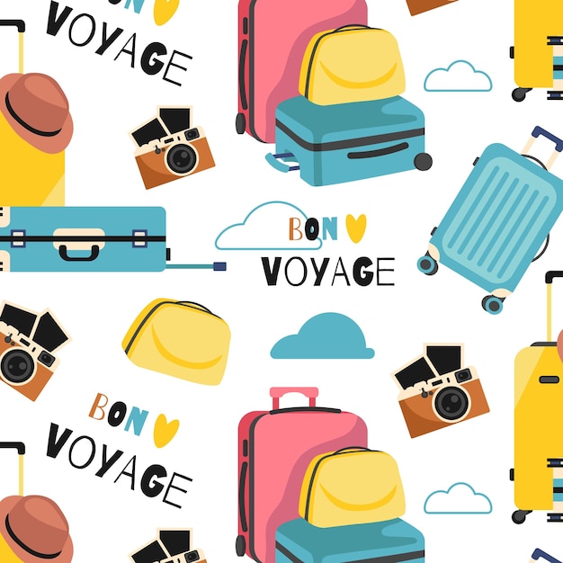 Seamless Pattern with Suitcases and Travel accessories. Inscription Bon Voyage.