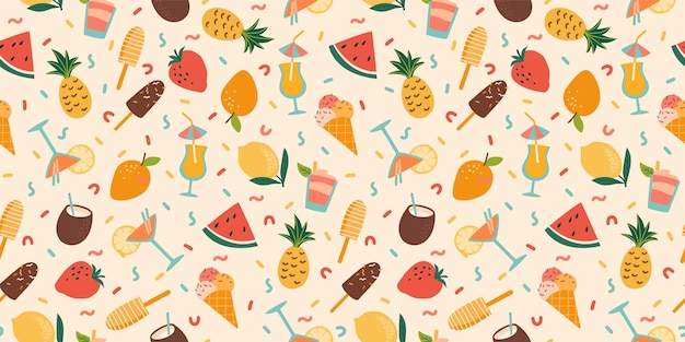 Seamless pattern with summer cocktails, ice cream and fruits.