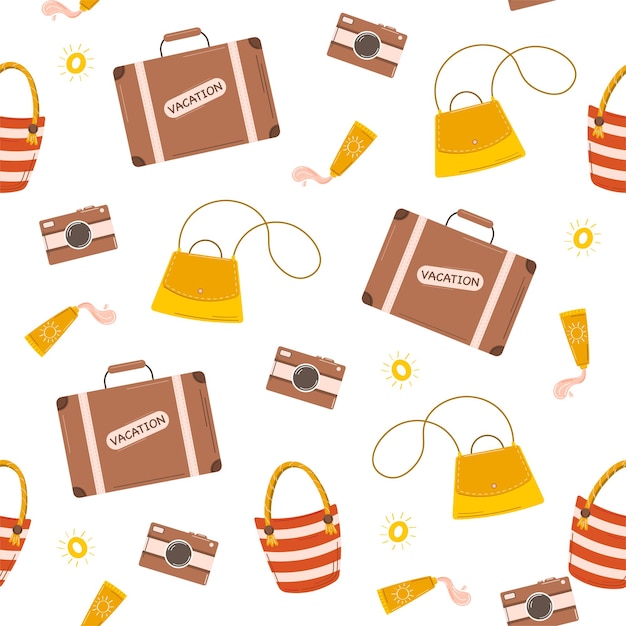 Vector seamless pattern with summer elements and accessories on white background camera suitcase bags