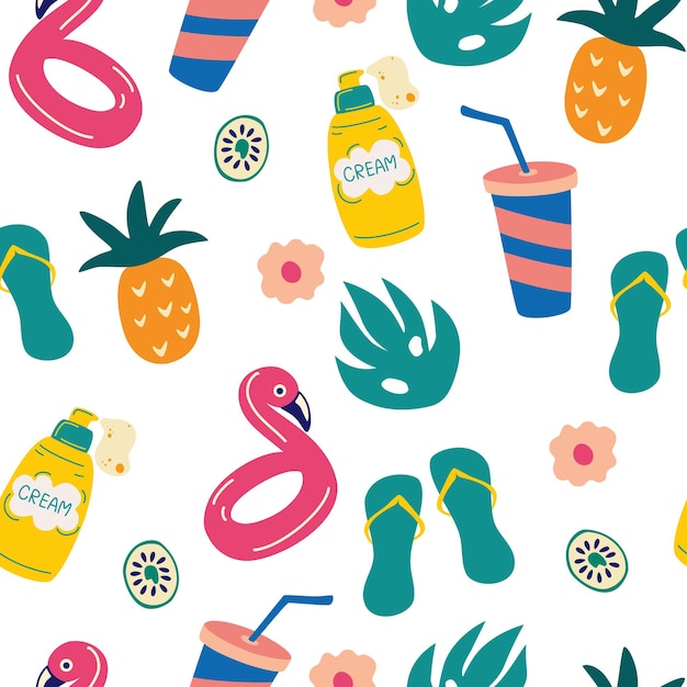 Seamless pattern with summer elements. Beach Items: Flip Flops, Sunscreen, Pineapple, Palm Leaf, Inflatable Circle Flamingo. Summer bright background for fabric design. Vector illustration.