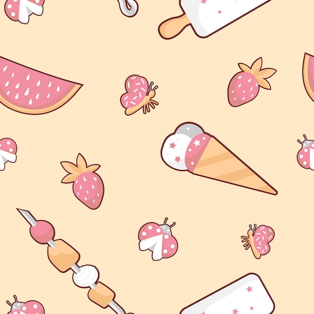 Seamless Pattern with summer food attributes  ice cream butterfly watermelon strawberry kebab