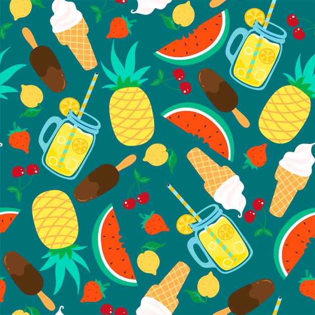 Seamless pattern with summer food and drinks in a simple\
style