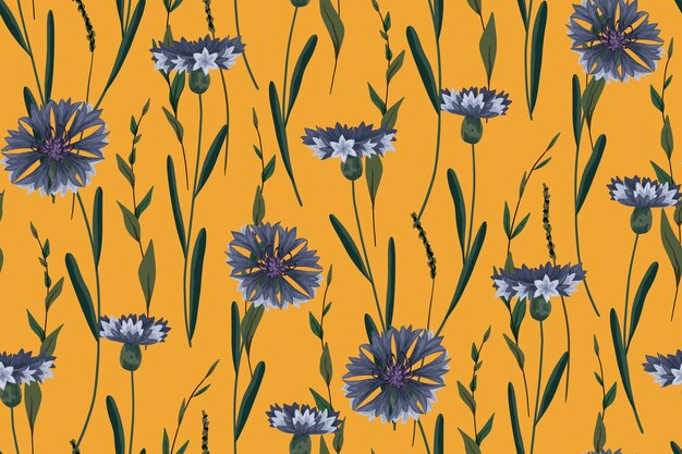 Vector seamless pattern with summer mood. composition of vintage field plants: blue cornflower and herbs. vector.