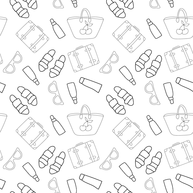 Seamless pattern with summer set of isolated cute white images with black lines in doodle style