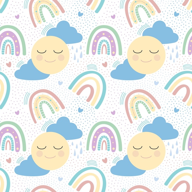 Seamless pattern with sun, clouds and rainbow. vector illustration