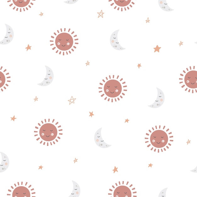 Seamless pattern with sun and moon. Boho wall decor. Texture for print, textile, packaging