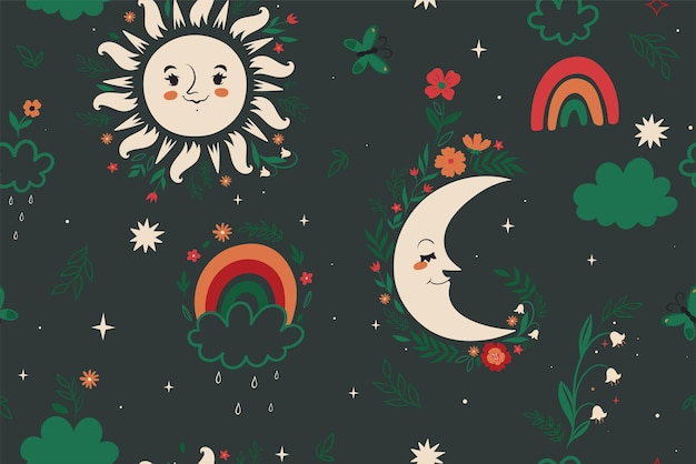 Seamless pattern with sun moon stars rainbows and flowers