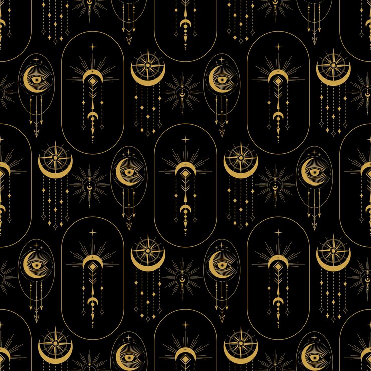 Vector seamless pattern with sun, stars, moon, constellation, eye. mystical and esoteric pattern.