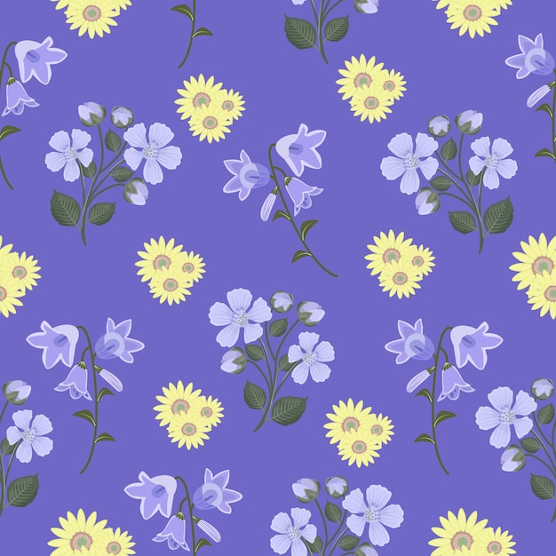 Seamless pattern with sunflowers bellflowers and blackberry flowers