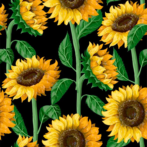 Seamless pattern with sunflowers on a black background Vector illustration