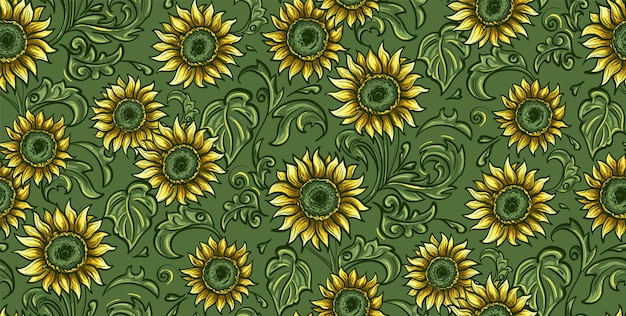 Vector seamless pattern with sunflowers on a dark green background