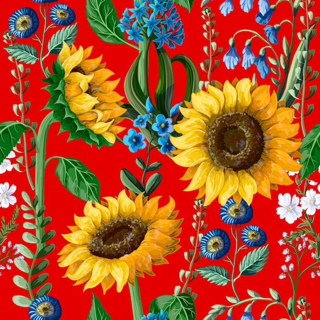 Vector seamless pattern with sunflowers on a red background vector illustration