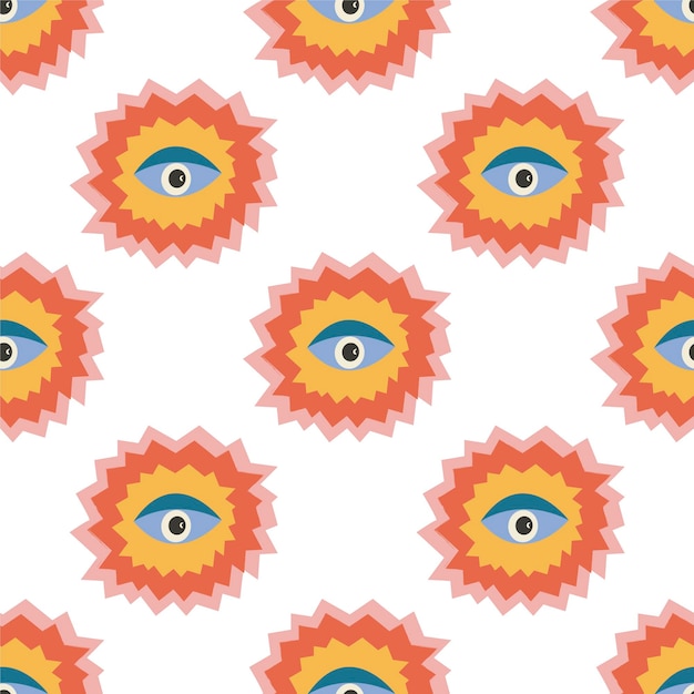 Seamless pattern with suns and eyes Summer psychedelic background in retro and hippie style