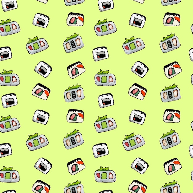 Seamless pattern with sushi different types of wasabi in a cartoon flat style on a yellow background