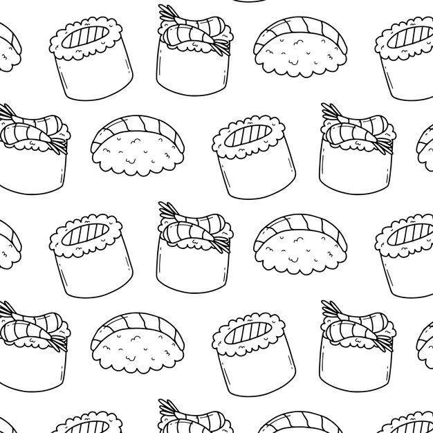 Seamless pattern with sushi in doodle style Sushi in line style Cute doodler rolls Vector illustration