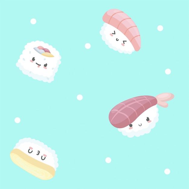 Modello senza cuciture con l'illustrazione di sushi in stile cartone animato