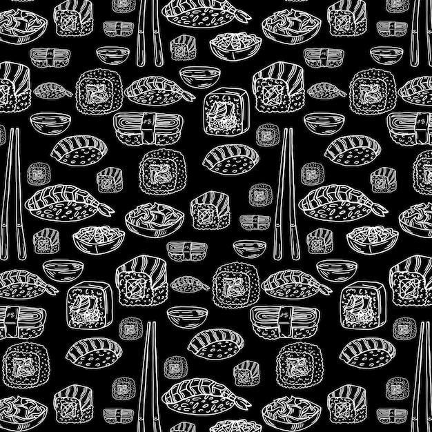 Vector seamless pattern with sushi isolated on black background. design for chalkboard