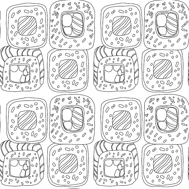 Seamless pattern with Sushi roll illustration in doodle style black color on white background