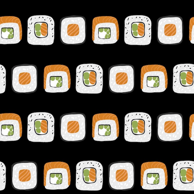 Seamless pattern with Sushi roll set illustration on black background